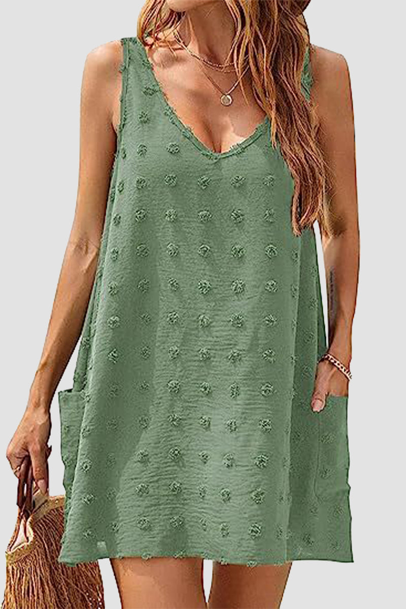 Vestidos playeros informales de vacaciones con cuello en V y bola de pelo y bolsillo de jacquard liso