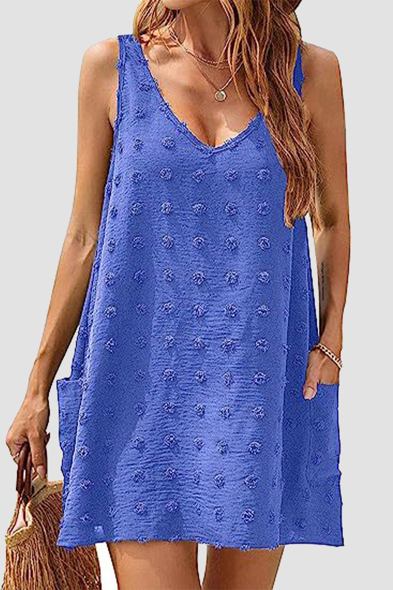 Vestidos playeros informales de vacaciones con cuello en V y bola de pelo y bolsillo de jacquard liso