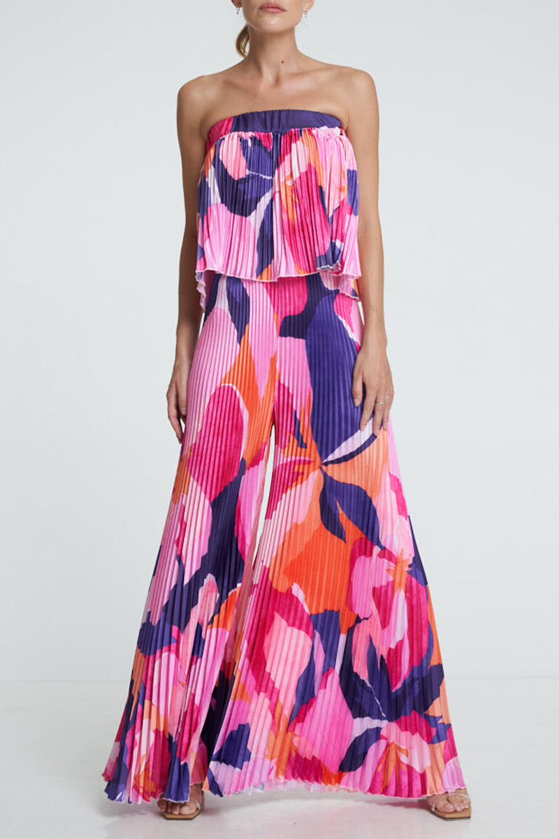 Street Color Block Pleated Strapless Sleeveless Two Pieces