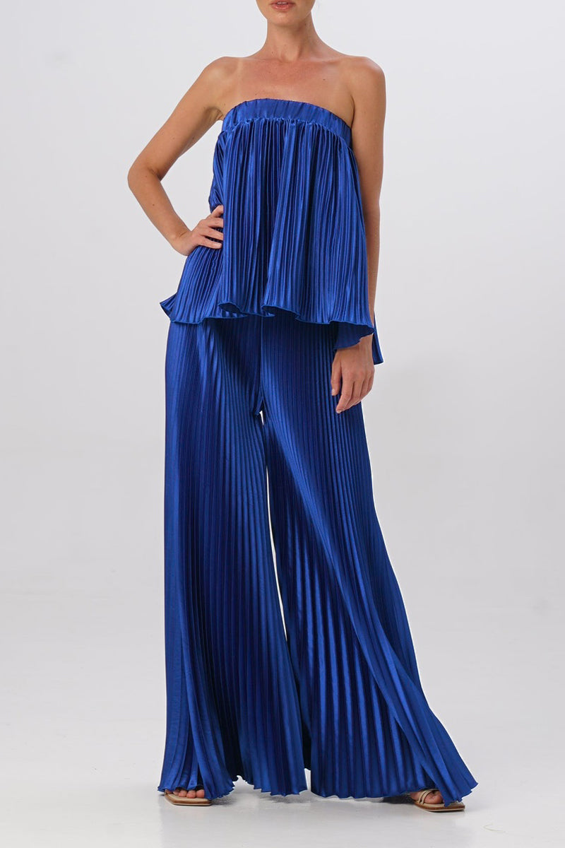 Elegante vestido de dos piezas liso plisado sin tirantes y sin mangas