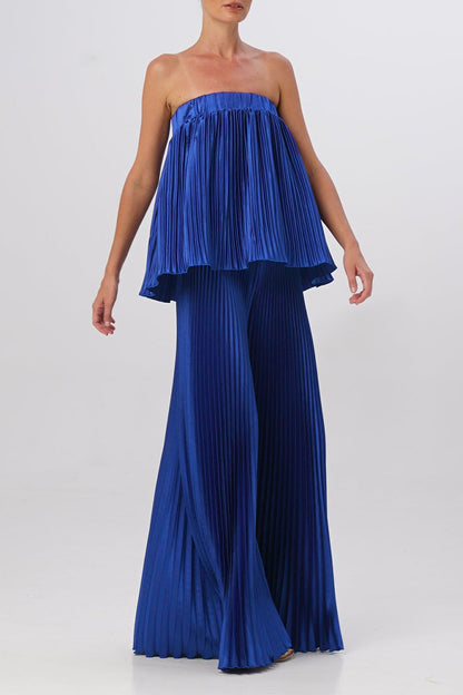 Elegante vestido de dos piezas liso plisado sin tirantes y sin mangas