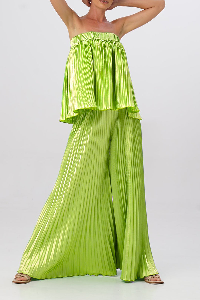 Elegante vestido de dos piezas liso plisado sin tirantes y sin mangas