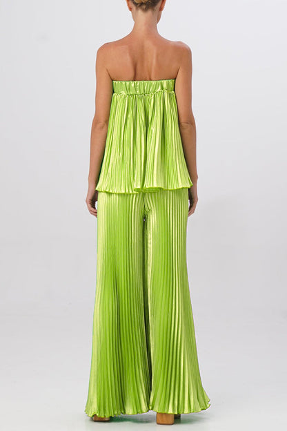 Elegante vestido de dos piezas liso plisado sin tirantes y sin mangas