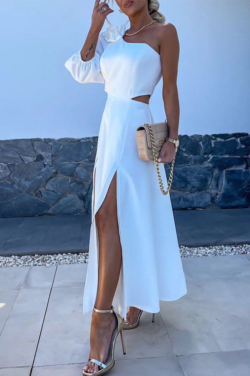 Vestidos elegantes de celebridades con aberturas sólidas, flores asimétricas, cuello oblicuo, línea A (4 colores)