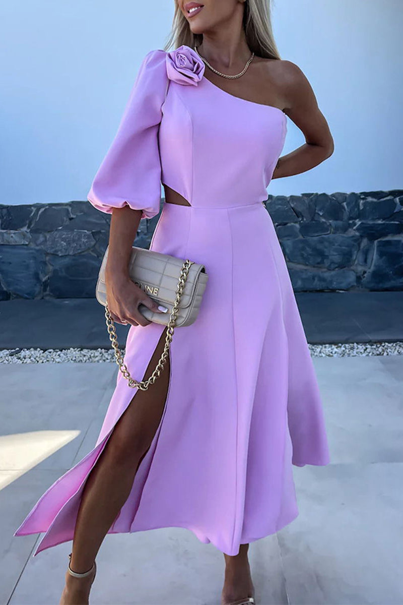 Vestidos elegantes de celebridades con aberturas sólidas, flores asimétricas, cuello oblicuo, línea A (4 colores)