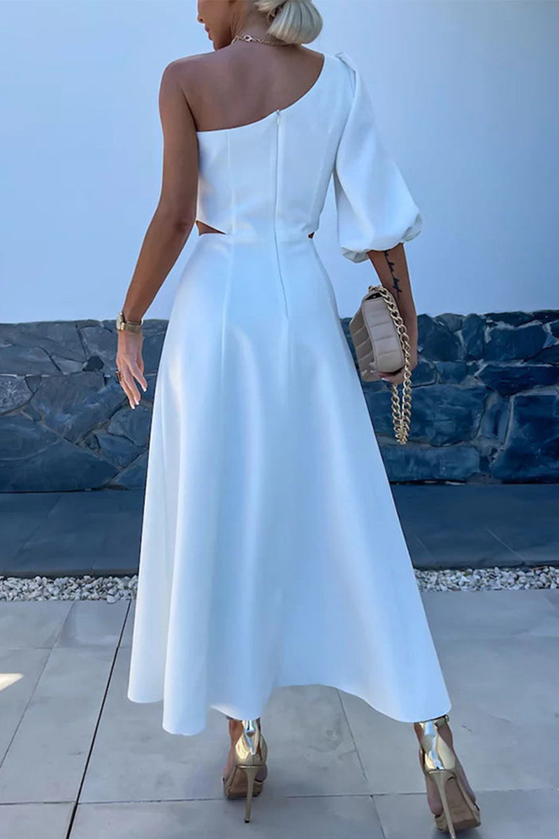 Vestidos elegantes de celebridades con aberturas sólidas, flores asimétricas, cuello oblicuo, línea A (4 colores)