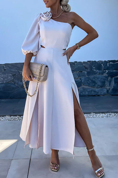 Vestidos elegantes de celebridades con aberturas sólidas, flores asimétricas, cuello oblicuo, línea A (4 colores)