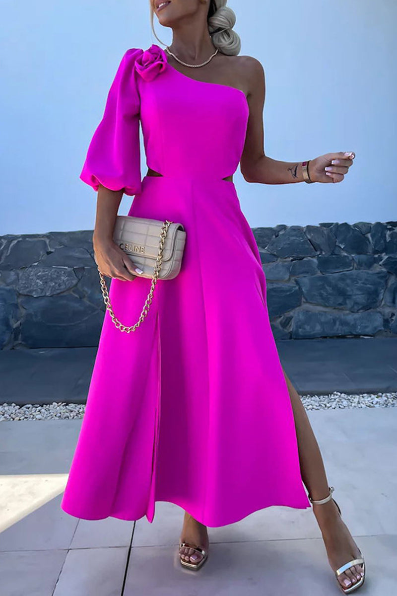 Vestidos elegantes de celebridades con aberturas sólidas, flores asimétricas, cuello oblicuo, línea A (4 colores)