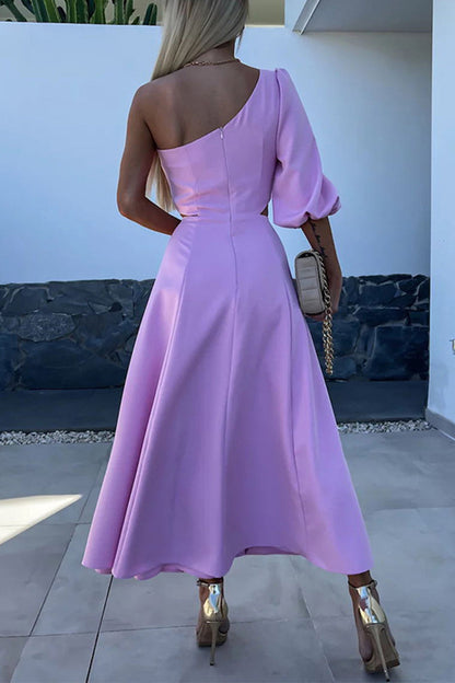 Vestidos elegantes de celebridades con aberturas sólidas, flores asimétricas, cuello oblicuo, línea A (4 colores)