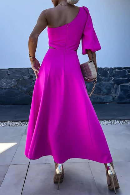 Vestidos elegantes de celebridades con aberturas sólidas, flores asimétricas, cuello oblicuo, línea A (4 colores)