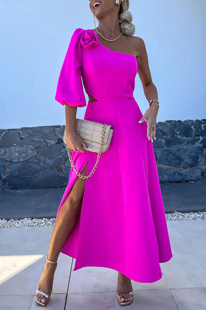 Vestidos elegantes de celebridades con aberturas sólidas, flores asimétricas, cuello oblicuo, línea A (4 colores)