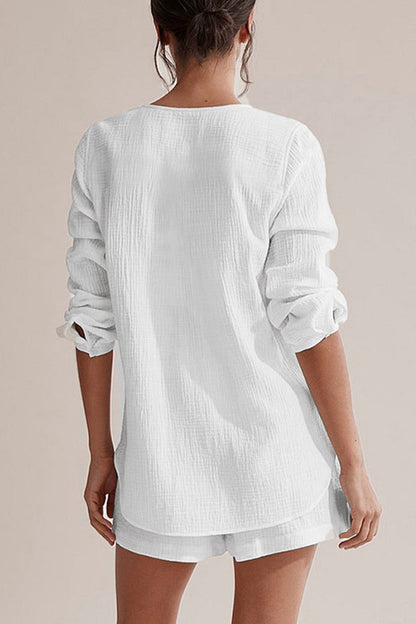 Conjunto de dos piezas informal sencillo con bolsillos, botones, cuello en V, manga larga