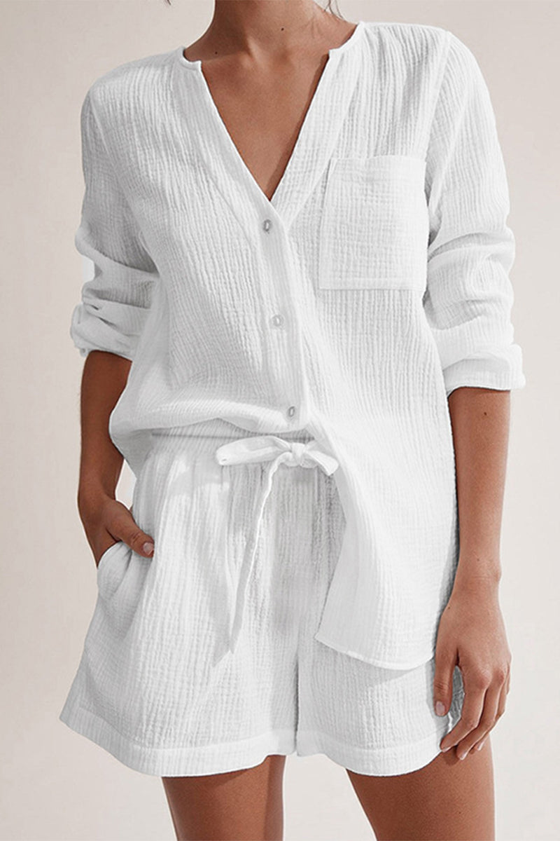 Conjunto de dos piezas informal sencillo con bolsillos, botones, cuello en V, manga larga