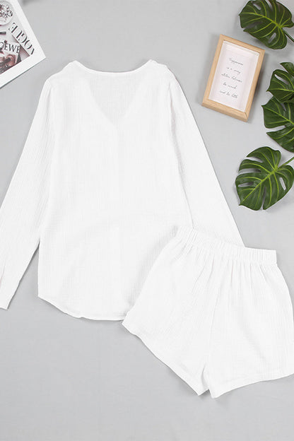 Conjunto de dos piezas informal sencillo con bolsillos, botones, cuello en V, manga larga