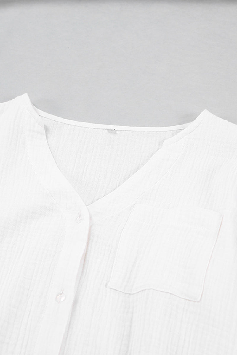 Conjunto de dos piezas informal sencillo con bolsillos, botones, cuello en V, manga larga