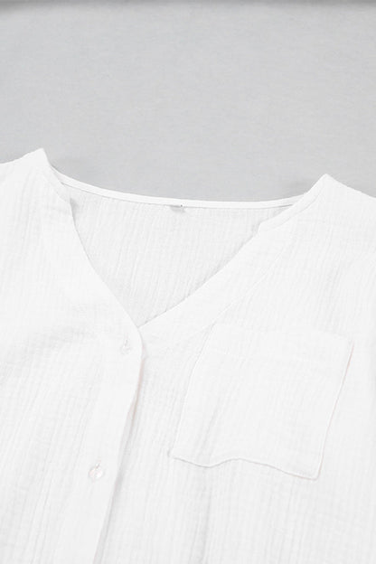 Conjunto de dos piezas informal sencillo con bolsillos, botones, cuello en V, manga larga