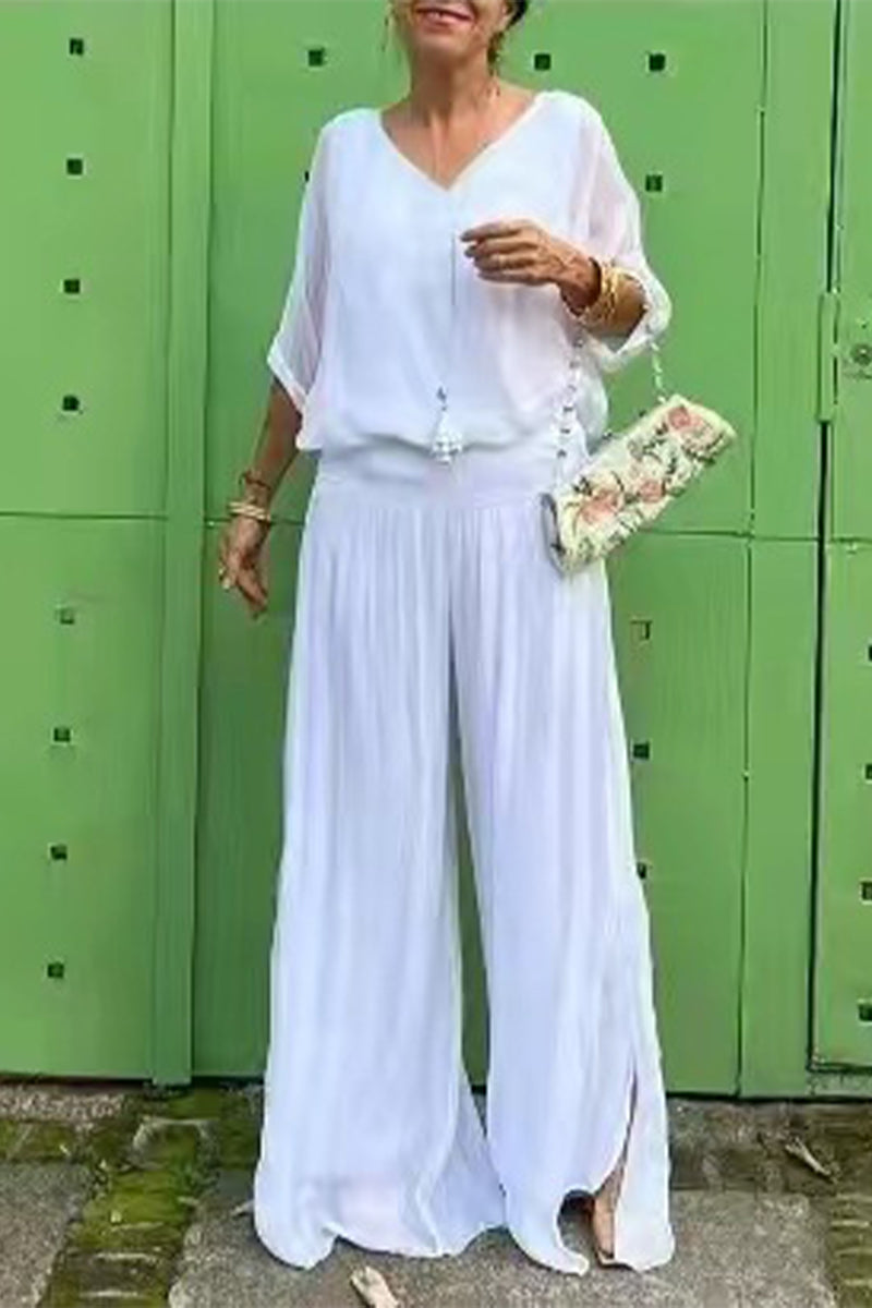 Conjunto informal de dos piezas con escote en V, media manga y espalda descubierta, color liso