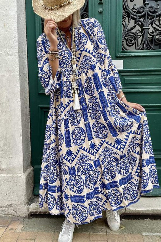 Vestidos casuales vintage con estampado geométrico y cuello en V de patchwork