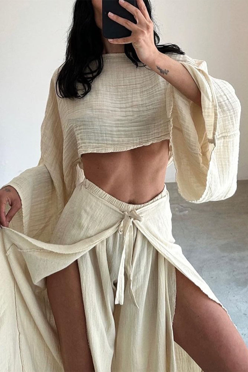 Casual Solid Flounce Slit O Neck Long Sleeve Two Pieces(3 Colors)