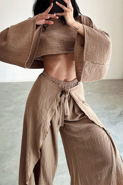 Conjunto informal de dos piezas con volantes, abertura y cuello redondo, manga larga