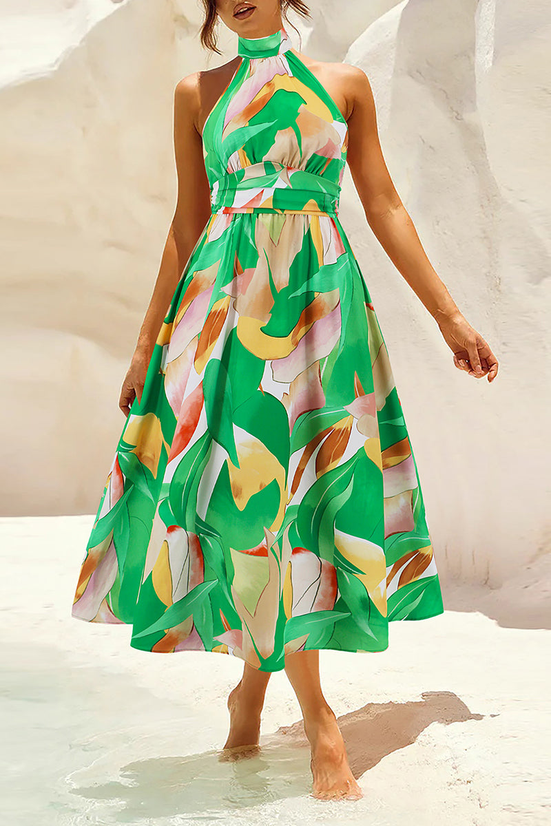 Vestidos bohemios elegantes con estampado floral en contraste y cuello mandarín