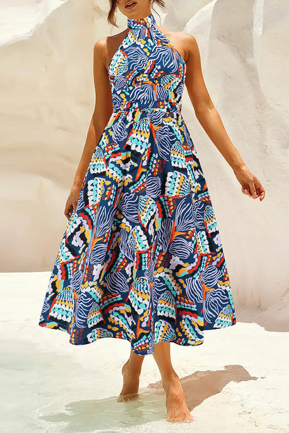 Vestidos bohemios elegantes con estampado floral en contraste y cuello mandarín