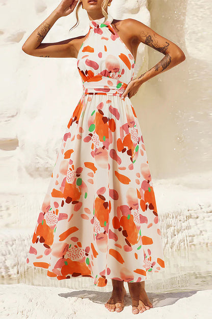 Vestidos bohemios elegantes con estampado floral en contraste y cuello mandarín