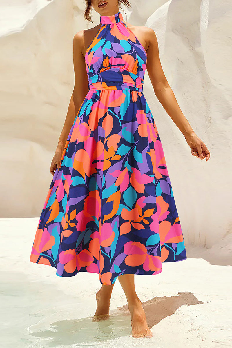 Vestidos bohemios elegantes con estampado floral en contraste y cuello mandarín