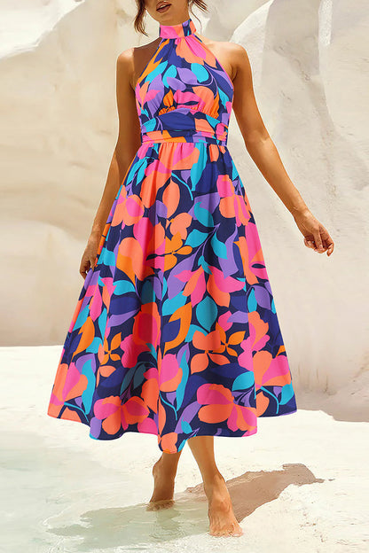 Vestidos bohemios elegantes con estampado floral en contraste y cuello mandarín
