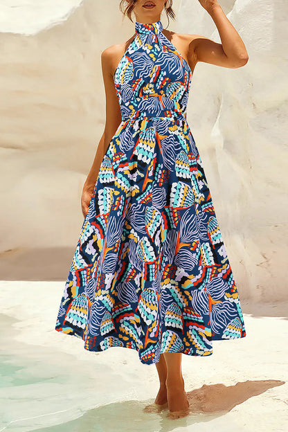 Vestidos bohemios elegantes con estampado floral en contraste y cuello mandarín