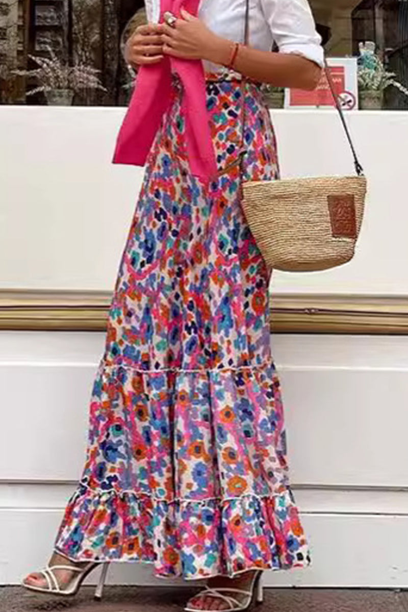 Elegant Geometric Print Flounce Contrast Loose High Waist Type A Patchwork Bottoms