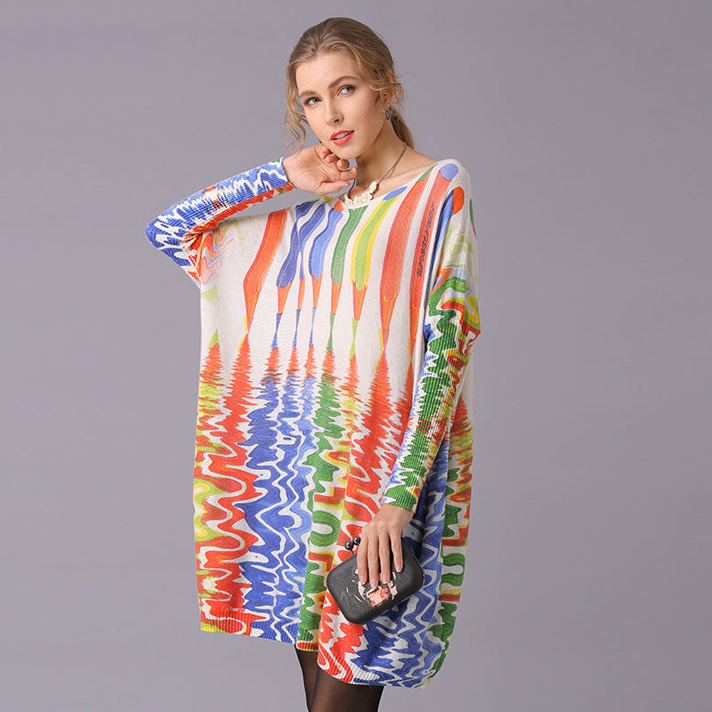 Autumn Winter Sweaters Loose Idle Pencil Print Pullover Mid Length Knitwear Women