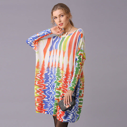 Autumn Winter Sweaters Loose Idle Pencil Print Pullover Mid Length Knitwear Women