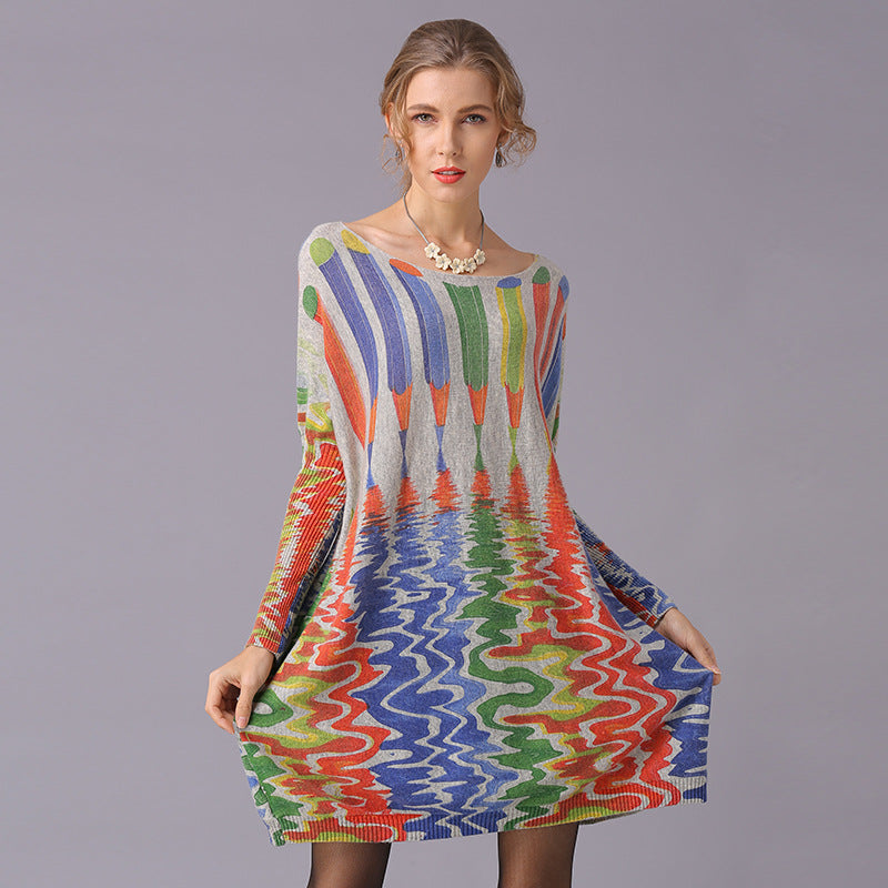 Autumn Winter Sweaters Loose Idle Pencil Print Pullover Mid Length Knitwear Women