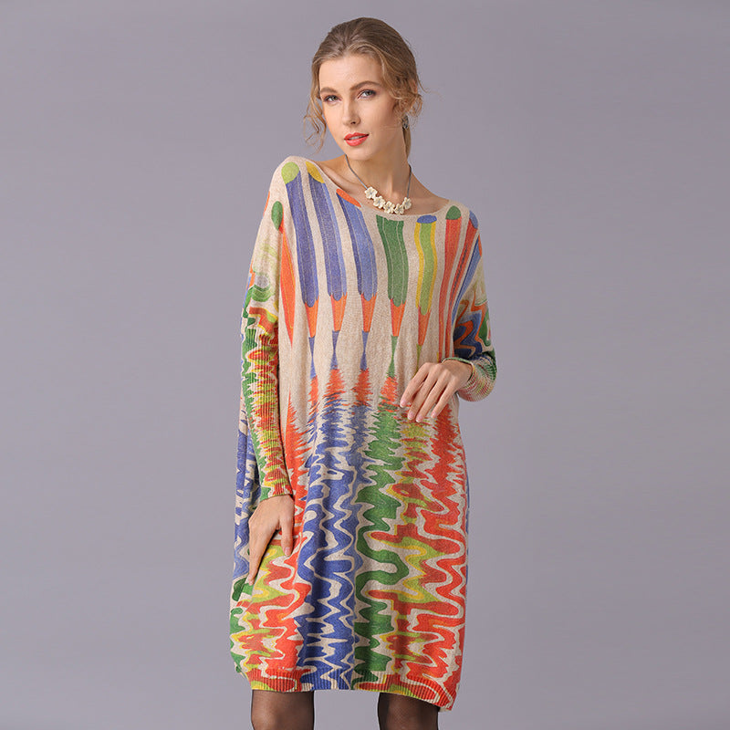 Autumn Winter Sweaters Loose Idle Pencil Print Pullover Mid Length Knitwear Women