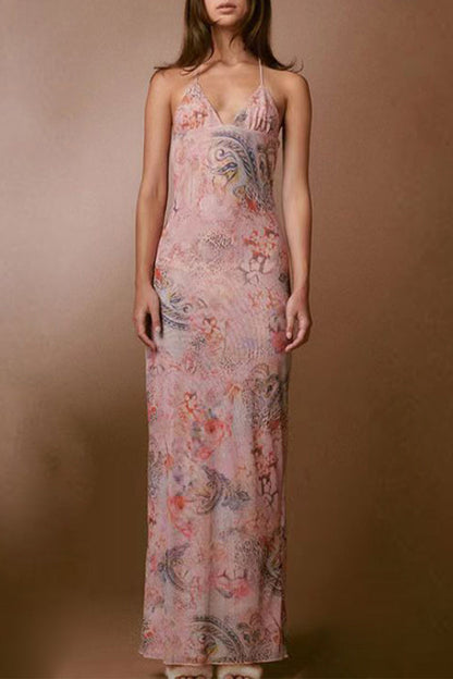 Vestido sexy vintage con estampado geométrico de mariposas y malla de retazos con escote en V y falda de un solo paso