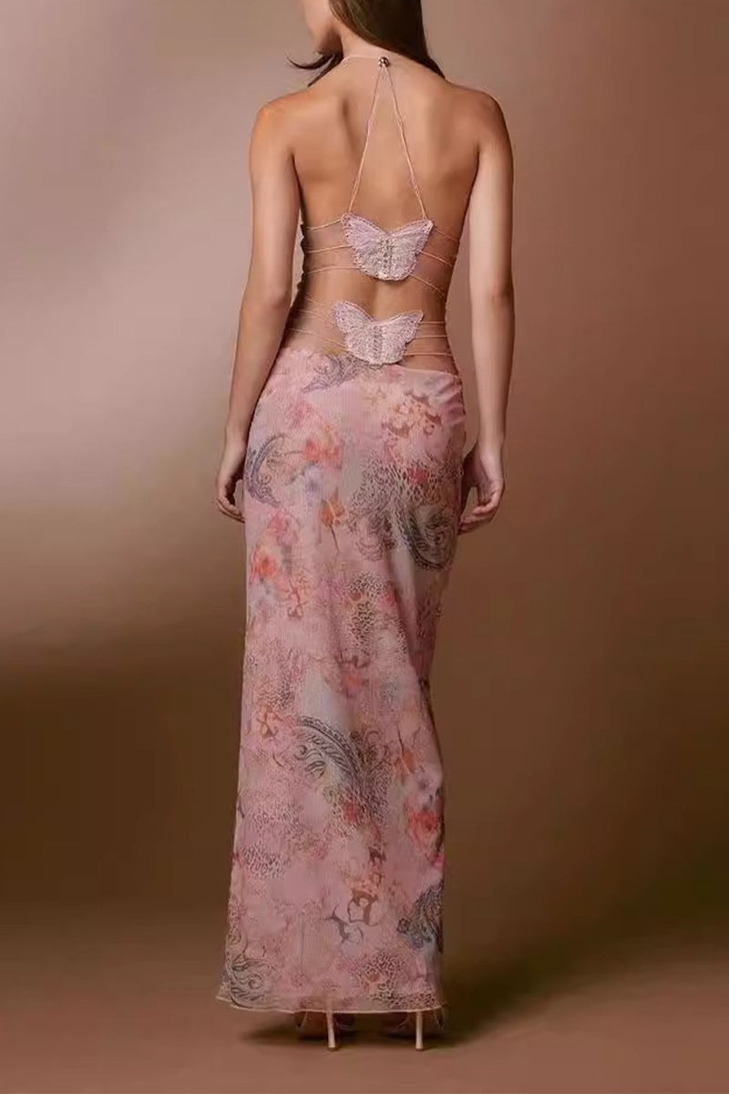 Vestido sexy vintage con estampado geométrico de mariposas y malla de retazos con escote en V y falda de un solo paso