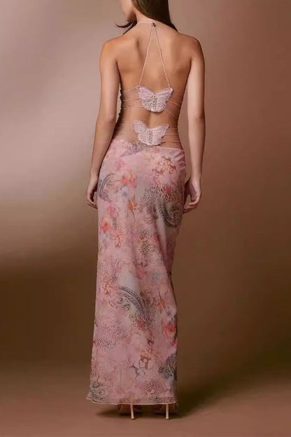 Vestido sexy vintage con estampado geométrico de mariposas y malla de retazos con escote en V y falda de un solo paso