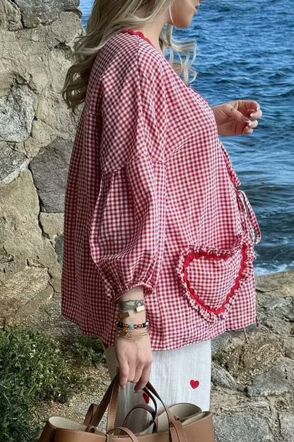 Blusa con cuello en V en contraste y frenillo en forma de corazón a cuadros dulces