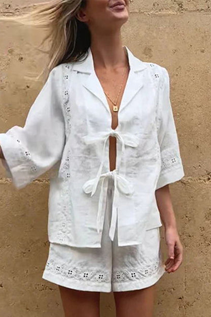 Conjunto informal de dos piezas con cuello en V, manga corta y bolsillo liso con lazo