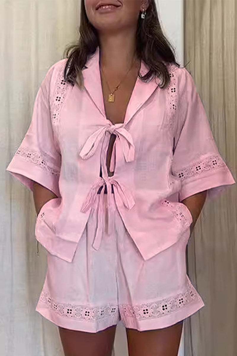 Conjunto informal de dos piezas con cuello en V, manga corta y bolsillo liso con lazo