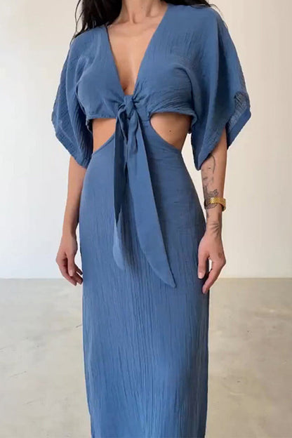 Sexy Solid Hollowed Out Frenulum V Neck One Step Skirt Dresses(2 Colors)