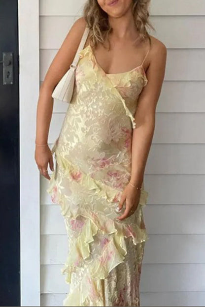 Vestidos de falda de un solo paso con escote en V y volantes con estampado de cambio gradual de celebridades sexys