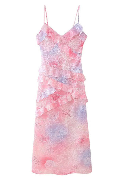 Vestidos de falda de un solo paso con escote en V y volantes con estampado de cambio gradual de celebridades sexys