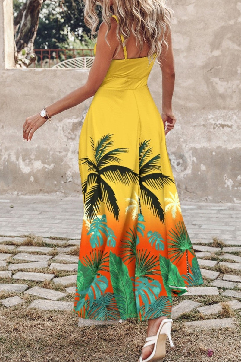 Vestidos largos sexis informales con estampado, espalda descubierta, abertura y tirantes finos