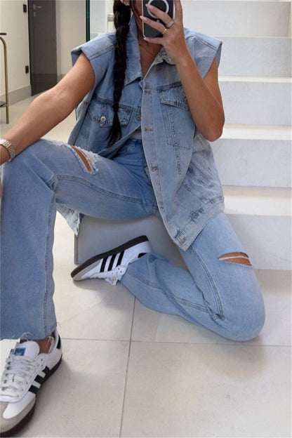 Chaqueta vaquera informal de cuello vuelto, sin mangas y con parches lisos