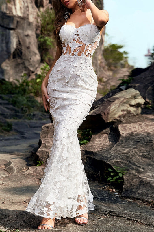 Vestidos largos sexys formales con tirantes finos, transparentes, de retazos sólidos y espalda descubierta