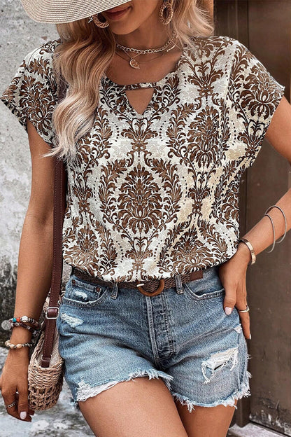 Camisetas casuales vintage con cuello en V y estampado floral