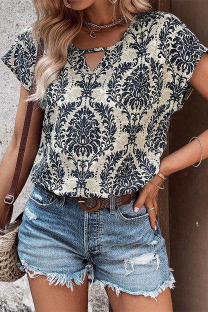 Camisetas casuales vintage con cuello en V y estampado floral