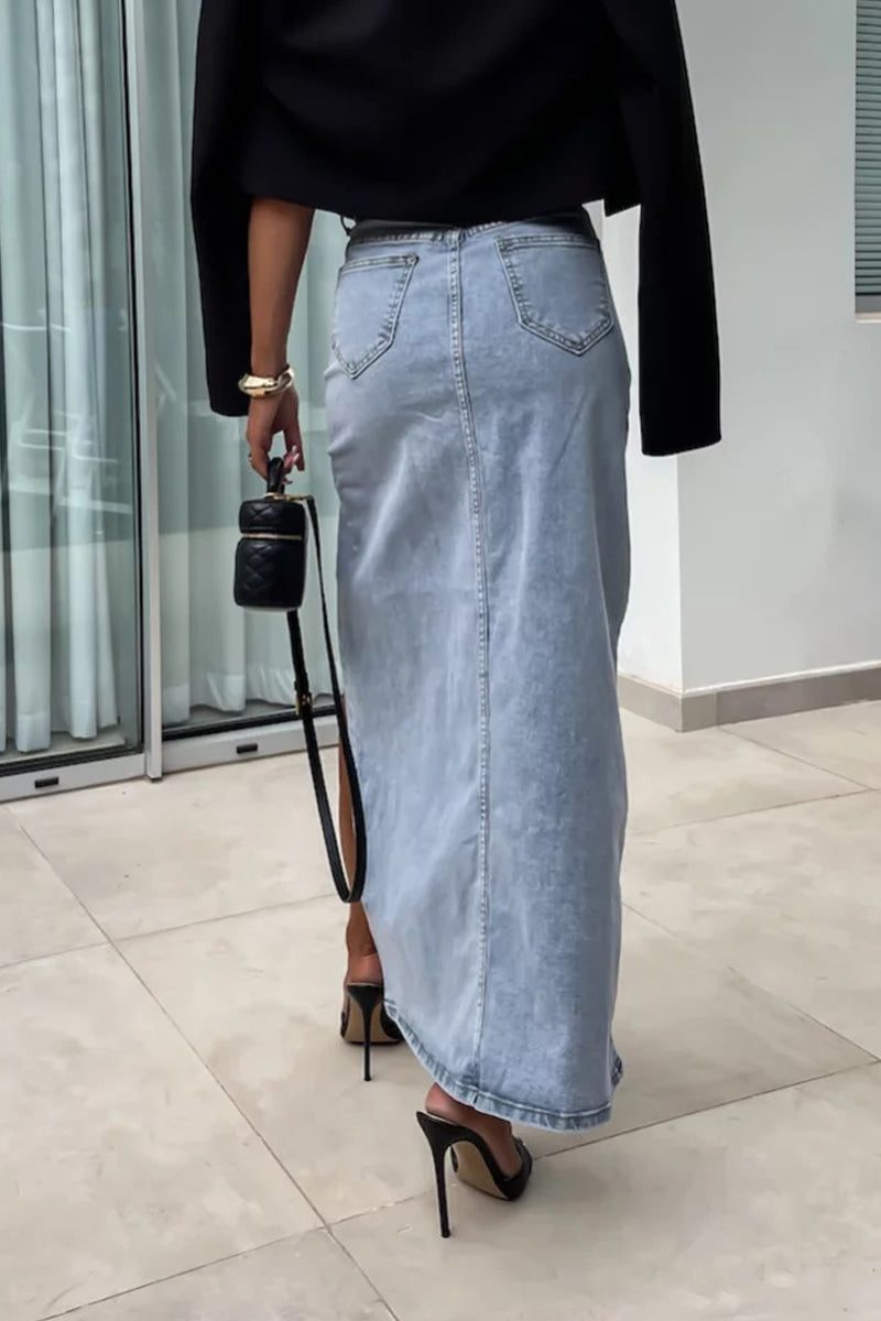 Falda vaquera vintage elegante de cintura alta asimétrica con abertura y bolsillo liso